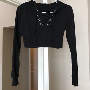 Black Tie-Up Cropped Hoodie